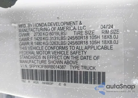 2024 Honda Ridgeline Black Edition z USA, uszkodzony, nr VIN 5FPYK3F86RB014387